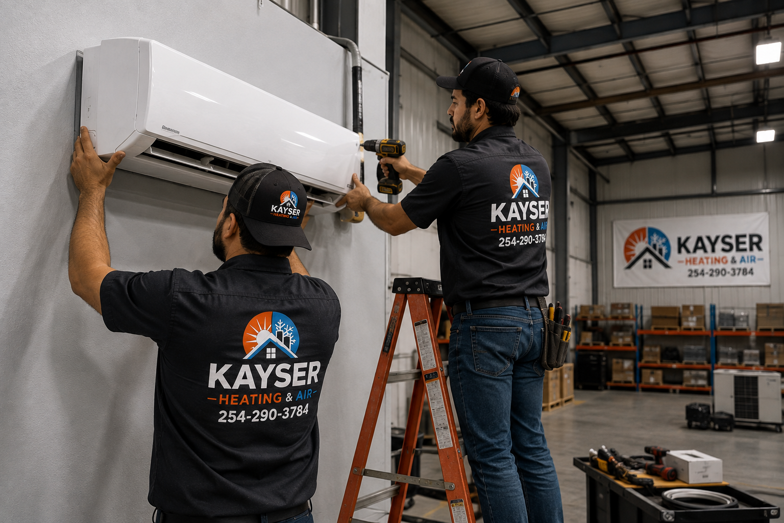 Kayser technicians mounting a ductless mini-split head on a wall