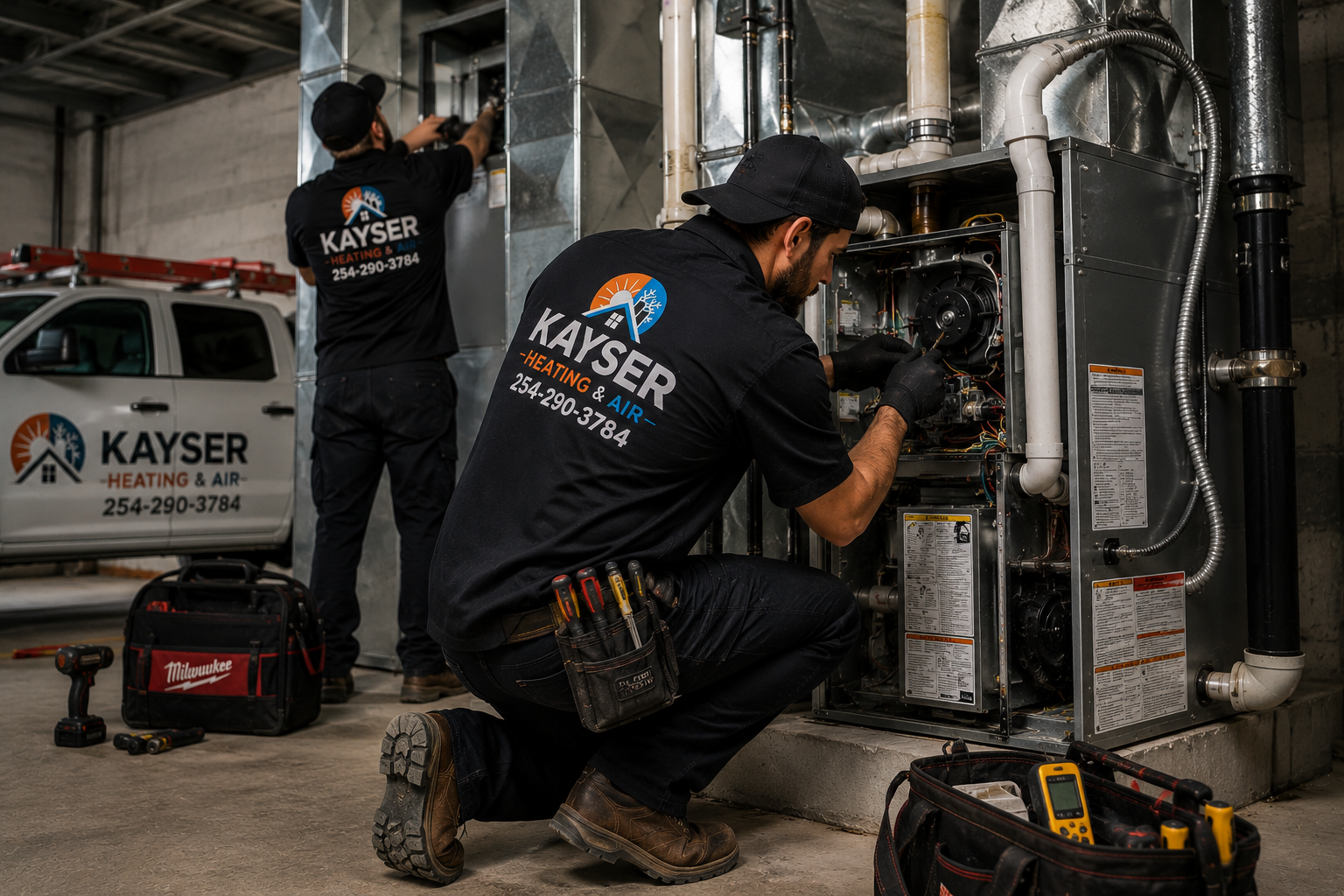 Kayser technician diagnosing a furnace and air handler